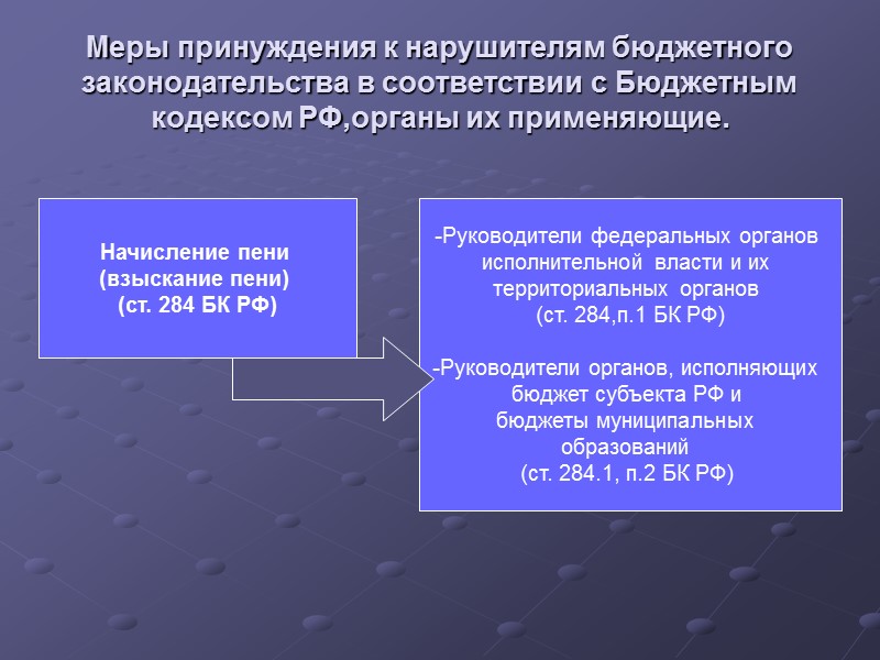 Меры принуждения к нарушителям бюджетного законодательства в соответствии с Бюджетным кодексом РФ,органы их применяющие.